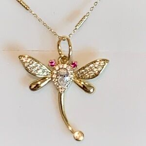 14 Gold Plated Dragonfly Pendant Necklace with zircons